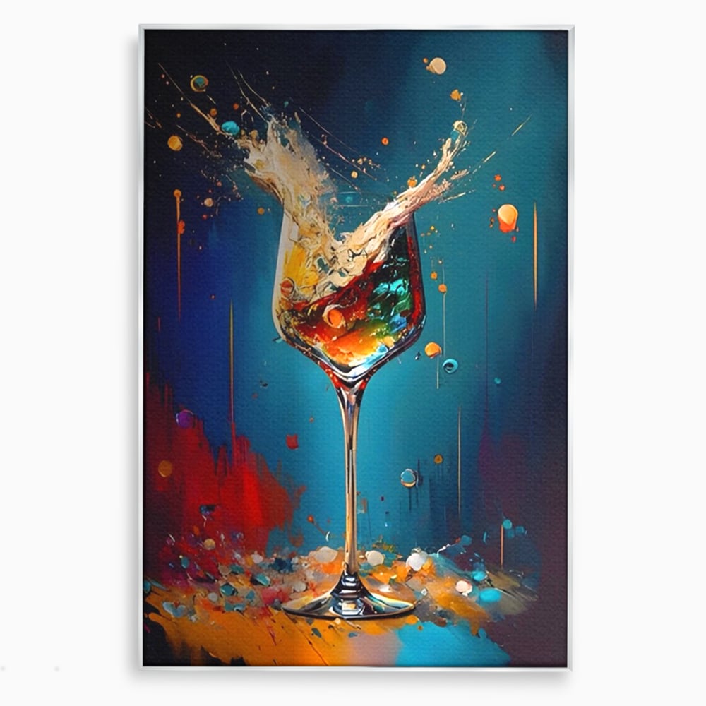 Tablou canvas cu tablou canvas cu pahar de cocktail si stropi colorati, in rama de aluminiu argintiu